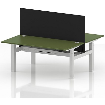 Air 2 Person Sit-Standing Bench Desk with Black Straight Screen, Back to Back, 2 x 1600mm (800mm Deep), White Frame, Moss Green