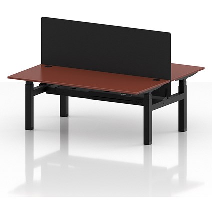 Air 2 Person Sit-Standing Bench Desk with Black Straight Screen, Back to Back, 2 x 1800mm (800mm Deep), Black Frame, Brick Red