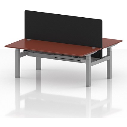Air 2 Person Sit-Standing Bench Desk with Black Straight Screen, Back to Back, 2 x 1800mm (800mm Deep), Silver Frame, Brick Red