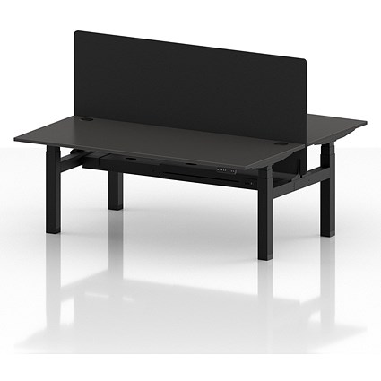 Air 2 Person Sit-Standing Bench Desk with Black Straight Screen, Back to Back, 2 x 1800mm (800mm Deep), Black Frame, Carbon Grey
