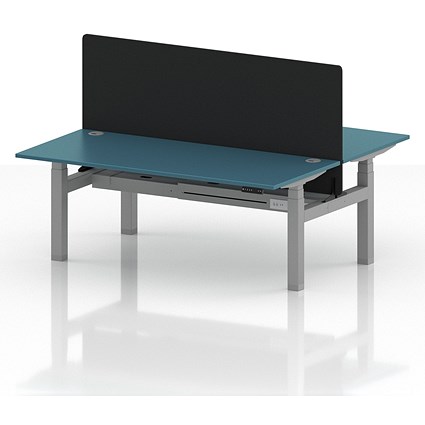 Air 2 Person Sit-Standing Bench Desk with Black Straight Screen, Back to Back, 2 x 1800mm (800mm Deep), Silver Frame, Dark Teal
