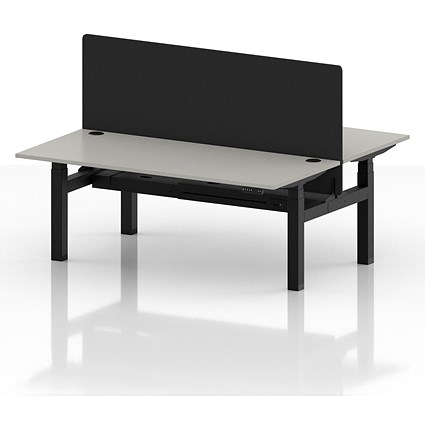Air 2 Person Sit-Standing Bench Desk with Black Straight Screen, Back to Back, 2 x 1800mm (800mm Deep), Black Frame, Dove Grey