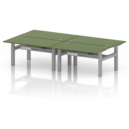 Air 4 Person Sit-Standing Bench Desk, Back to Back, 4 x 1400mm (800mm Deep), Silver Frame, Moss Green