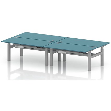 Air 4 Person Sit-Standing Bench Desk, Back to Back, 4 x 1600mm (800mm Deep), Silver Frame, Dark Teal