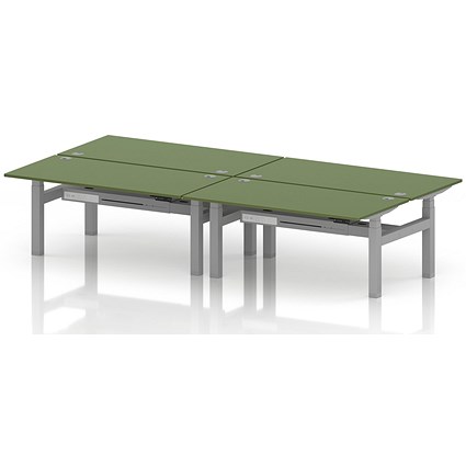 Air 4 Person Sit-Standing Bench Desk, Back to Back, 4 x 1600mm (800mm Deep), Silver Frame, Moss Green