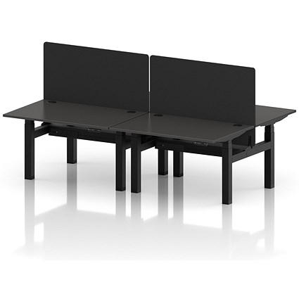 Air 4 Person Sit-Standing Bench Desk with Black Straight Screen, Back to Back, 4 x 1200mm (800mm Deep), Black Frame, Carbon Grey