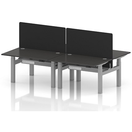 Air 4 Person Sit-Standing Bench Desk with Black Straight Screen, Back to Back, 4 x 1200mm (800mm Deep), Silver Frame, Carbon Grey