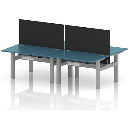 Air 4 Person Sit-Standing Bench Desk with Black Straight Screen, Back to Back, 4 x 1200mm (800mm Deep), Silver Frame, Dark Teal