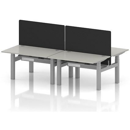 Air 4 Person Sit-Standing Bench Desk with Black Straight Screen, Back to Back, 4 x 1200mm (800mm Deep), Silver Frame, Dove Grey