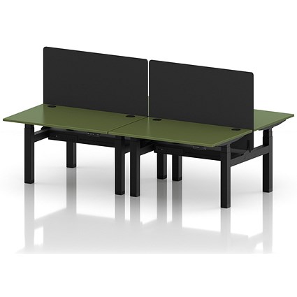 Air 4 Person Sit-Standing Bench Desk with Black Straight Screen, Back to Back, 4 x 1200mm (800mm Deep), Black Frame, Moss Green