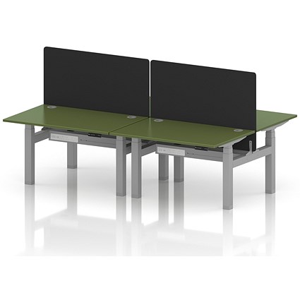 Air 4 Person Sit-Standing Bench Desk with Black Straight Screen, Back to Back, 4 x 1200mm (800mm Deep), Silver Frame, Moss Green