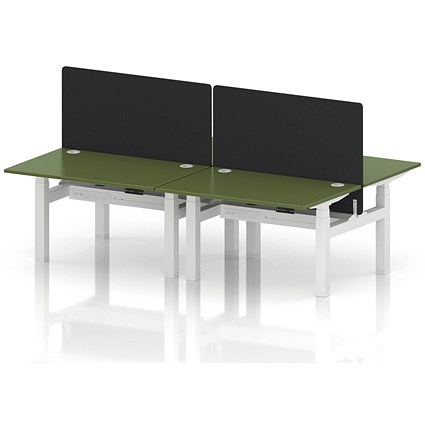 Air 4 Person Sit-Standing Bench Desk with Black Straight Screen, Back to Back, 4 x 1200mm (800mm Deep), White Frame, Moss Green