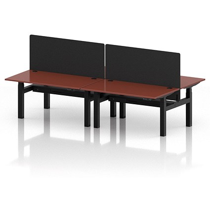 Air 4 Person Sit-Standing Bench Desk with Black Straight Screen, Back to Back, 4 x 1400mm (800mm Deep), Black Frame, Brick Red