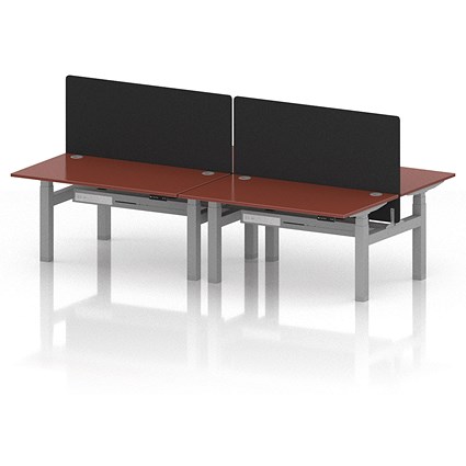 Air 4 Person Sit-Standing Bench Desk with Black Straight Screen, Back to Back, 4 x 1400mm (800mm Deep), Silver Frame, Brick Red