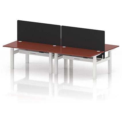 Air 4 Person Sit-Standing Bench Desk with Black Straight Screen, Back to Back, 4 x 1400mm (800mm Deep), White Frame, Brick Red