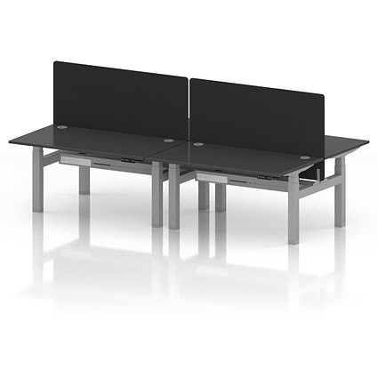 Air 4 Person Sit-Standing Bench Desk with Black Straight Screen, Back to Back, 4 x 1400mm (800mm Deep), Silver Frame, Carbon Grey