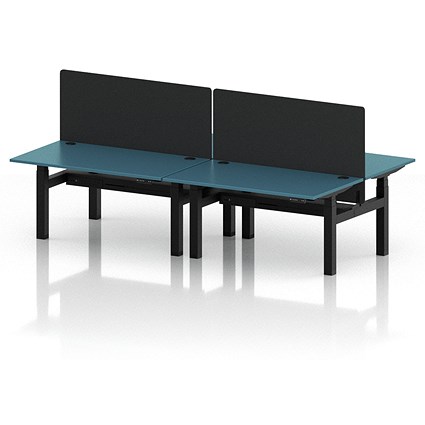 Air 4 Person Sit-Standing Bench Desk with Black Straight Screen, Back to Back, 4 x 1400mm (800mm Deep), Black Frame, Dark Teal