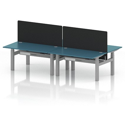 Air 4 Person Sit-Standing Bench Desk with Black Straight Screen, Back to Back, 4 x 1400mm (800mm Deep), Silver Frame, Dark Teal