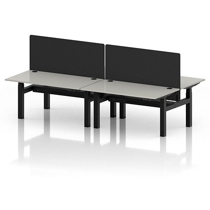 Air 4 Person Sit-Standing Bench Desk with Black Straight Screen, Back to Back, 4 x 1400mm (800mm Deep), Black Frame, Dove Grey