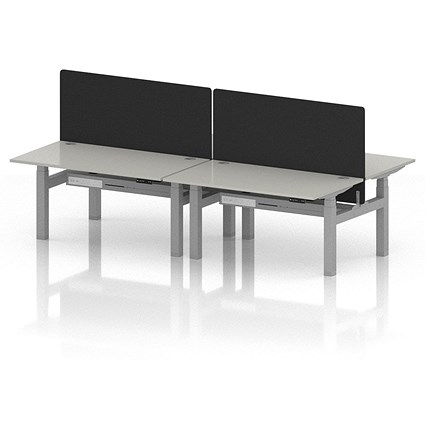 Air 4 Person Sit-Standing Bench Desk with Black Straight Screen, Back to Back, 4 x 1400mm (800mm Deep), Silver Frame, Dove Grey