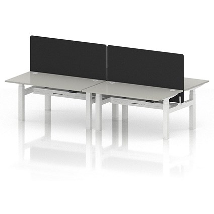 Air 4 Person Sit-Standing Bench Desk with Black Straight Screen, Back to Back, 4 x 1400mm (800mm Deep), White Frame, Dove Grey