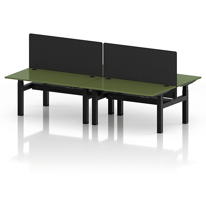 Air 4 Person Sit-Standing Bench Desk with Black Straight Screen, Back to Back, 4 x 1400mm (800mm Deep), Black Frame, Moss Green