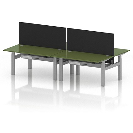 Air 4 Person Sit-Standing Bench Desk with Black Straight Screen, Back to Back, 4 x 1400mm (800mm Deep), Silver Frame, Moss Green
