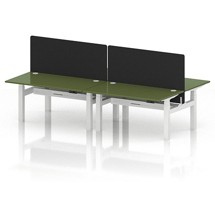 Air 4 Person Sit-Standing Bench Desk with Black Straight Screen, Back to Back, 4 x 1400mm (800mm Deep), White Frame, Moss Green