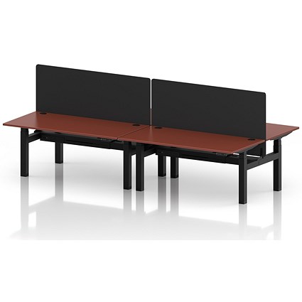 Air 4 Person Sit-Standing Bench Desk with Black Straight Screen, Back to Back, 4 x 1600mm (800mm Deep), Black Frame, Brick Red