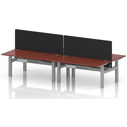 Air 4 Person Sit-Standing Bench Desk with Black Straight Screen, Back to Back, 4 x 1600mm (800mm Deep), Silver Frame, Brick Red