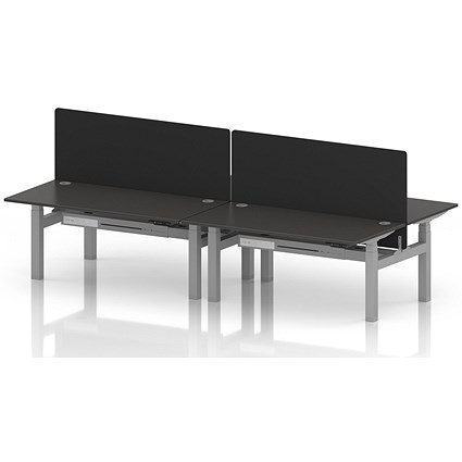 Air 4 Person Sit-Standing Bench Desk with Black Straight Screen, Back to Back, 4 x 1600mm (800mm Deep), Silver Frame, Carbon Grey