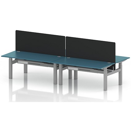 Air 4 Person Sit-Standing Bench Desk with Black Straight Screen, Back to Back, 4 x 1600mm (800mm Deep), Silver Frame, Dark Teal