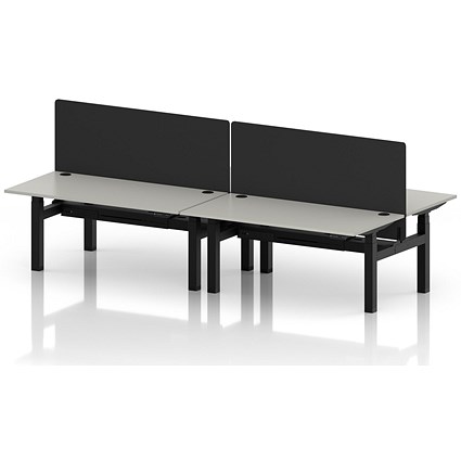 Air 4 Person Sit-Standing Bench Desk with Black Straight Screen, Back to Back, 4 x 1600mm (800mm Deep), Black Frame, Dove Grey