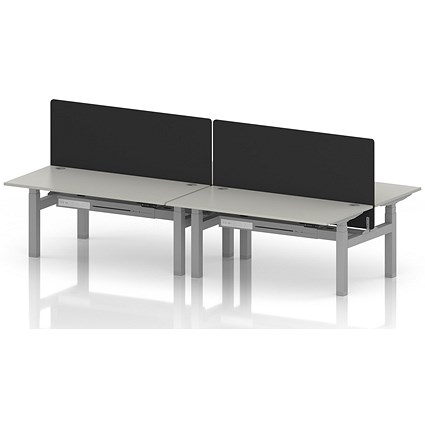 Air 4 Person Sit-Standing Bench Desk with Black Straight Screen, Back to Back, 4 x 1600mm (800mm Deep), Silver Frame, Dove Grey
