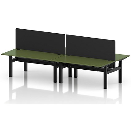 Air 4 Person Sit-Standing Bench Desk with Black Straight Screen, Back to Back, 4 x 1600mm (800mm Deep), Black Frame, Moss Green