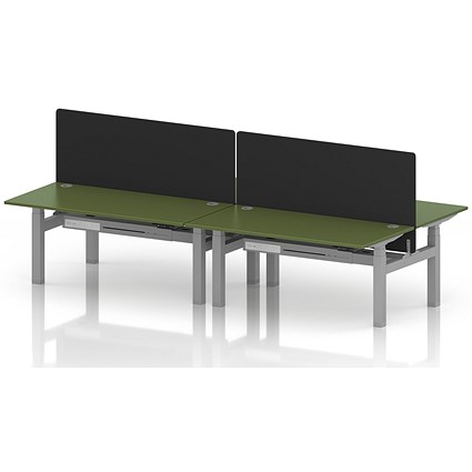 Air 4 Person Sit-Standing Bench Desk with Black Straight Screen, Back to Back, 4 x 1600mm (800mm Deep), Silver Frame, Moss Green