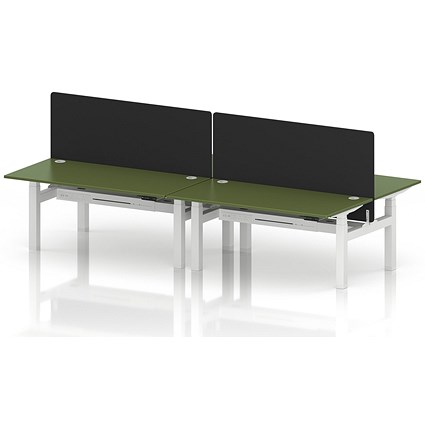 Air 4 Person Sit-Standing Bench Desk with Black Straight Screen, Back to Back, 4 x 1600mm (800mm Deep), White Frame, Moss Green