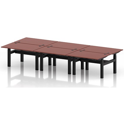 Air 6 Person Sit-Standing Bench Desk, Back to Back, 6 x 1200mm (800mm Deep), Black Frame, Brick Red