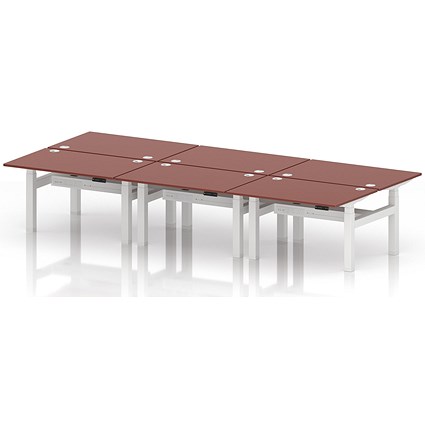 Air 6 Person Sit-Standing Bench Desk, Back to Back, 6 x 1200mm (800mm Deep), White Frame, Brick Red