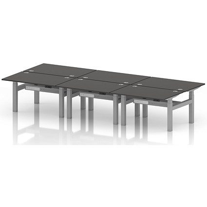 Air 6 Person Sit-Standing Bench Desk, Back to Back, 6 x 1200mm (800mm Deep), Silver Frame, Carbon Grey