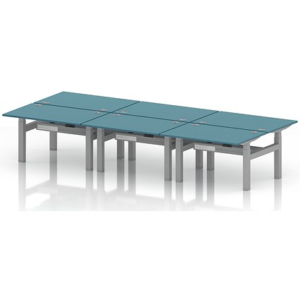 Air 6 Person Sit-Standing Bench Desk, Back to Back, 6 x 1200mm (800mm Deep), Silver Frame, Dark Teal