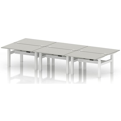 Air 6 Person Sit-Standing Bench Desk, Back to Back, 6 x 1200mm (800mm Deep), White Frame, Dove Grey