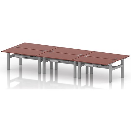Air 6 Person Sit-Standing Bench Desk, Back to Back, 6 x 1400mm (800mm Deep), Silver Frame, Brick Red