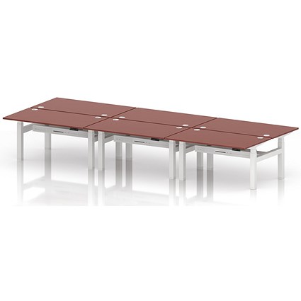 Air 6 Person Sit-Standing Bench Desk, Back to Back, 6 x 1400mm (800mm Deep), White Frame, Brick Red