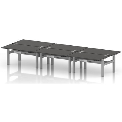 Air 6 Person Sit-Standing Bench Desk, Back to Back, 6 x 1400mm (800mm Deep), Silver Frame, Carbon Grey