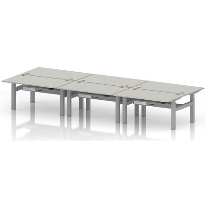 Air 6 Person Sit-Standing Bench Desk, Back to Back, 6 x 1400mm (800mm Deep), Silver Frame, Dove Grey