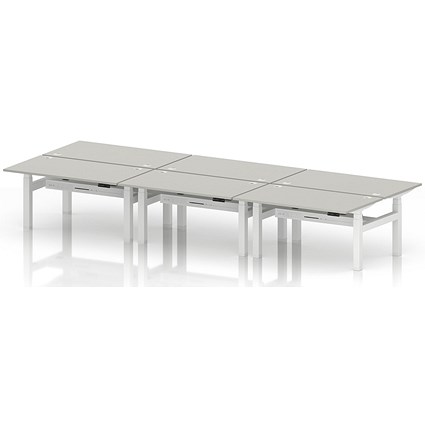 Air 6 Person Sit-Standing Bench Desk, Back to Back, 6 x 1400mm (800mm Deep), White Frame, Dove Grey