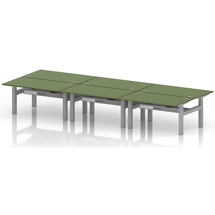 Air 6 Person Sit-Standing Bench Desk, Back to Back, 6 x 1400mm (800mm Deep), Silver Frame, Moss Green