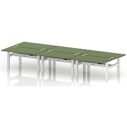 Air 6 Person Sit-Standing Bench Desk, Back to Back, 6 x 1400mm (800mm Deep), White Frame, Moss Green