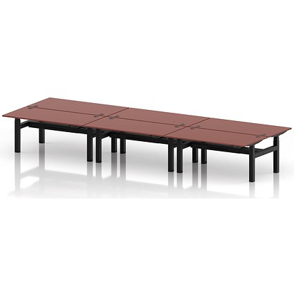 Air 6 Person Sit-Standing Bench Desk, Back to Back, 6 x 1600mm (800mm Deep), Black Frame, Brick Red